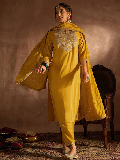 Dhiyona IE Yellow Paisley Embroidered Regular Straight Kurta With Trousers & Dupatta