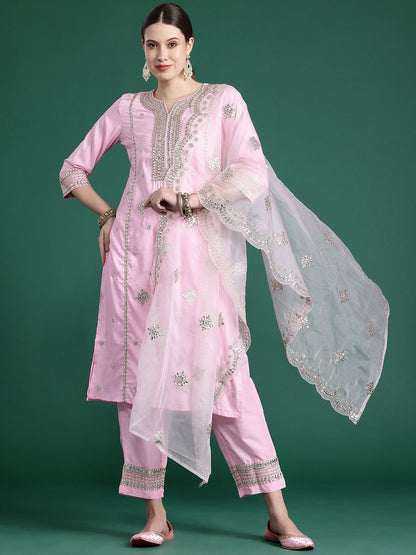 Dhiyona IE Ethnic Motifs Embroidered Panelled Gotta Patti Kurta With Trousers & Dupatta