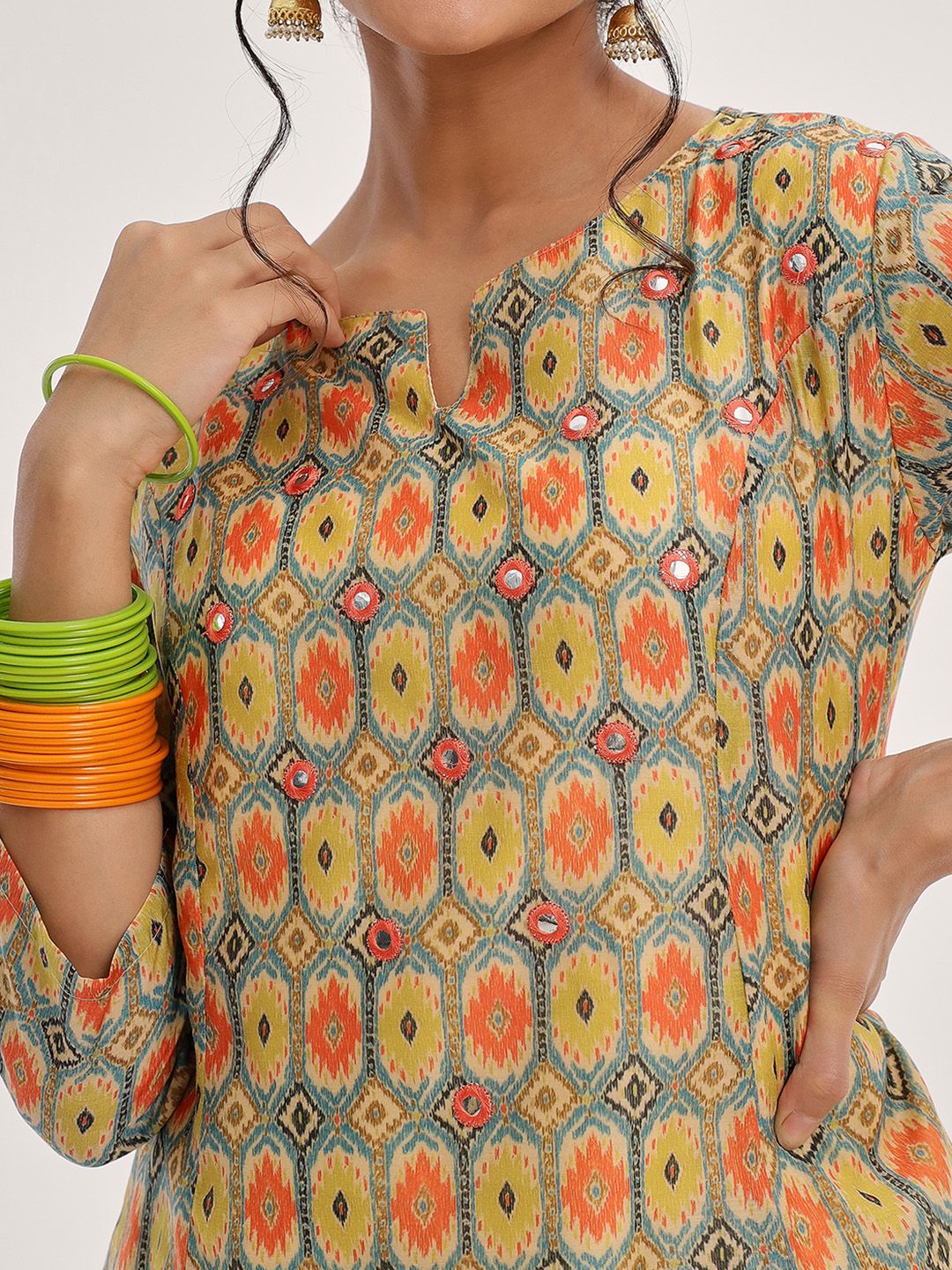 Dhiyona VA Women's Lime Green Ethnic Motifs Printed Mirror Work Kurta with Trousers & With Dupatta