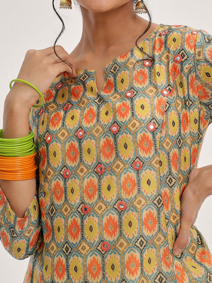 Dhiyona VA Women's Lime Green Ethnic Motifs Printed Mirror Work Kurta with Trousers & With Dupatta