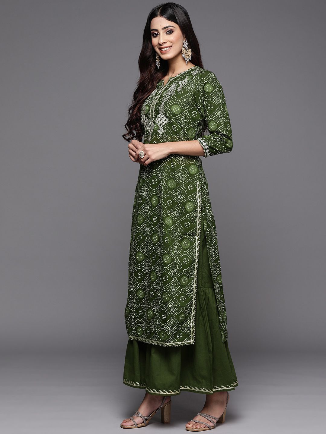 Women Green Bandhani Printed Thread Work Kurta with Sharara & With Dupatta
