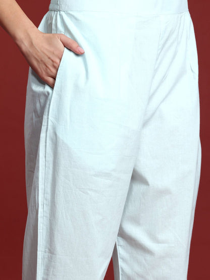 Dhiyona IE Floral Printed Mirror Work Linen Kurta With Trousers & Dupatta