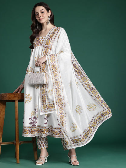 Dhiyona IE Floral Printed Empire Pure Cotton Kurta with Trousers & With Dupatta