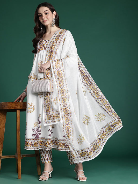 Dhiyona IE Floral Printed Empire Pure Cotton Kurta with Trousers & With Dupatta