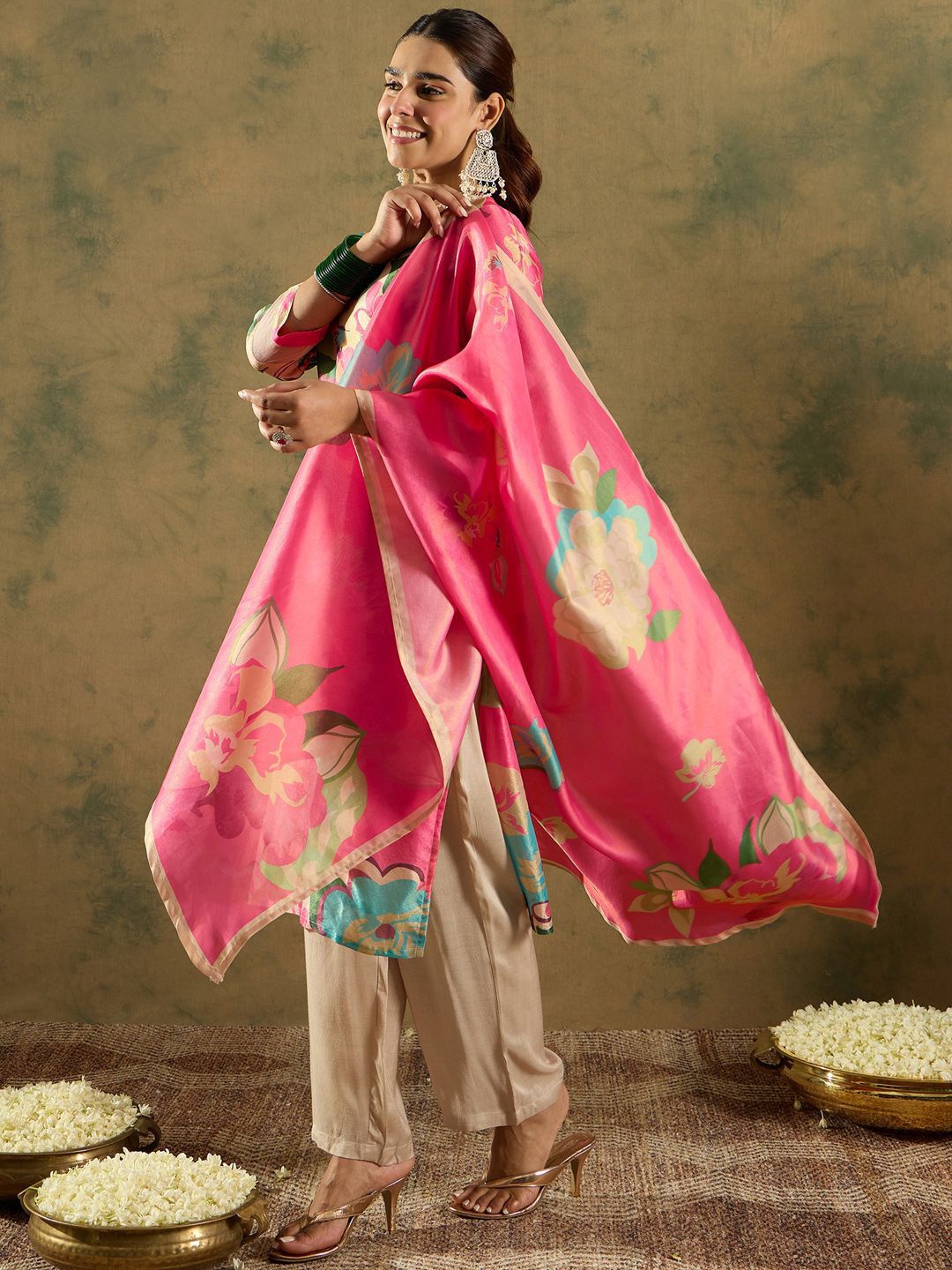 Floral Printed V-Neck Kurta with Trouser & Dupatta