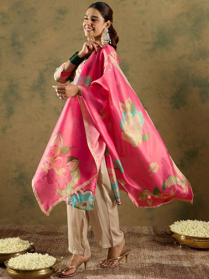 Floral Printed V-Neck Kurta with Trouser & Dupatta