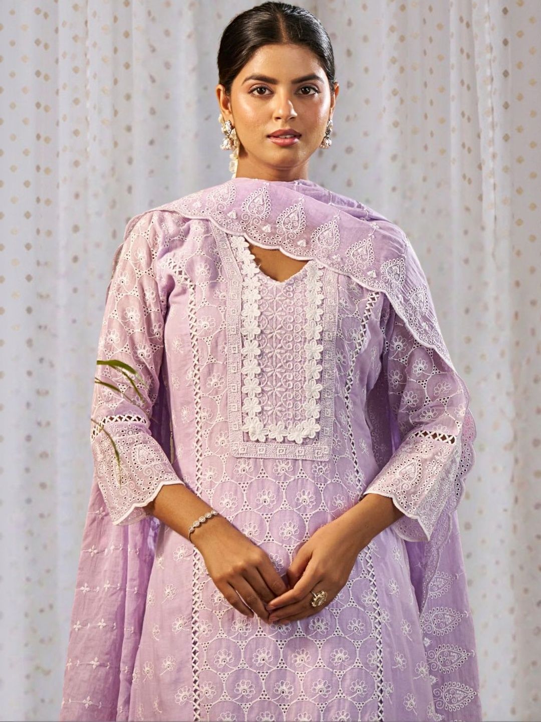 Women Ethnic Motifs Embroidered Regular Chikankari Pure Cotton Kurta with Trousers & With Dupatta