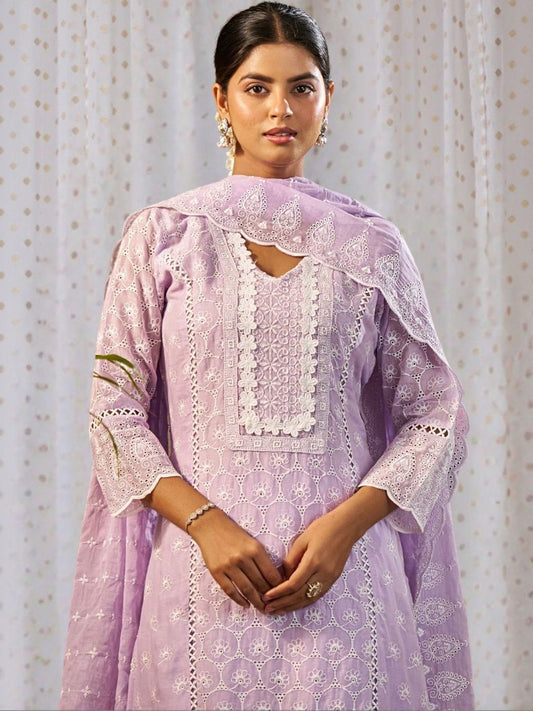 Women Ethnic Motifs Embroidered Regular Chikankari Pure Cotton Kurta with Trousers & With Dupatta