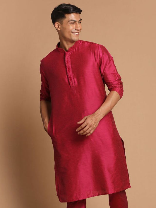 Men's Magenta Cotton Blend Straight Kurta