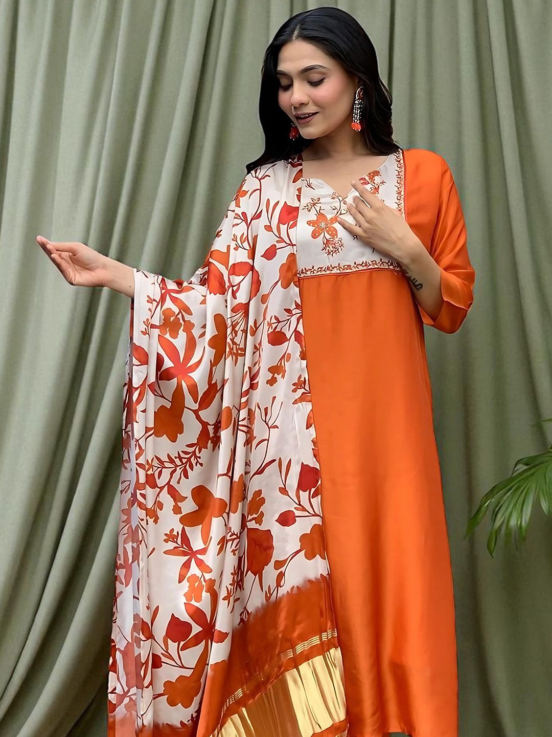 Dhiyona SN Women's Floral Printed Cotton Anarkali Kurta with Trousers & Dupatta