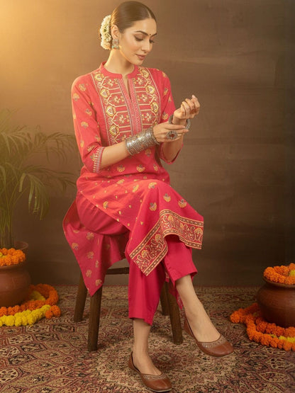 Ethnic Motifs Printed Thread Work Pure Cotton Straight Kurta with Trousers