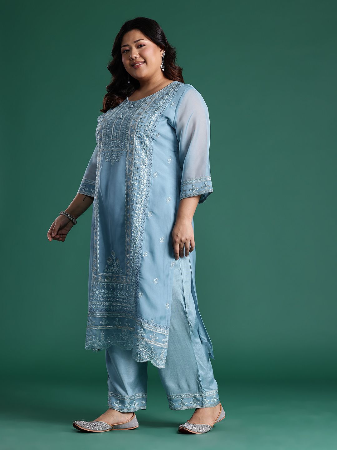 Embroidered Sequinned Kurta With Trousers & Dupatta