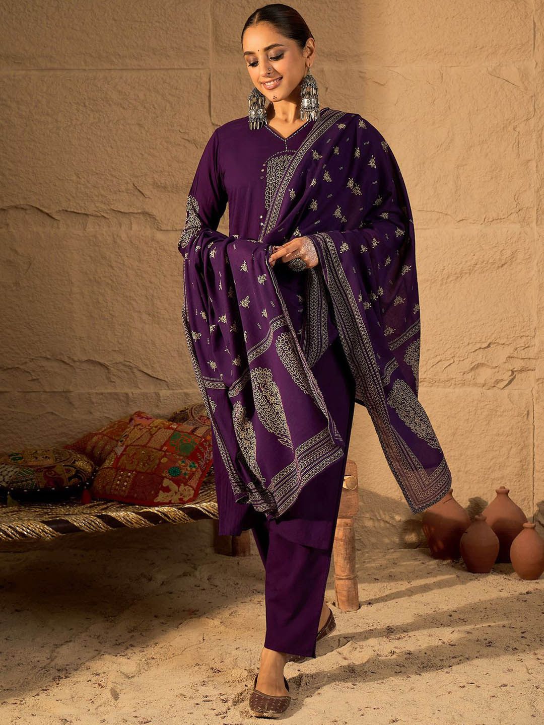 Women Floral Printed Mirror Work Pure Cotton Kurta with Trousers & Dupatta