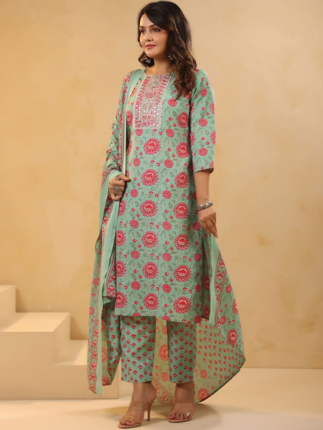 Floral Printed Mirror Work Straight Kurta With Trousers & Dupatta
