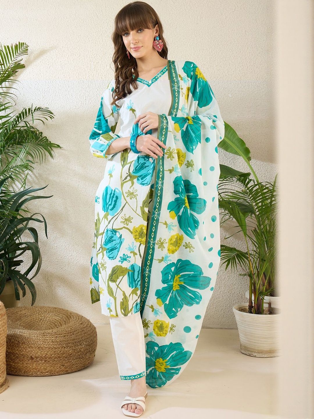 Floral Printed V-Neck Regular Pure Cotton Straight Kurta With Trousers & Dupatta