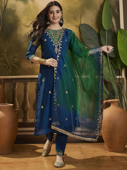 Dhiyona SN Women's Embroidered Sequence Kurta Trousers with Dupatta