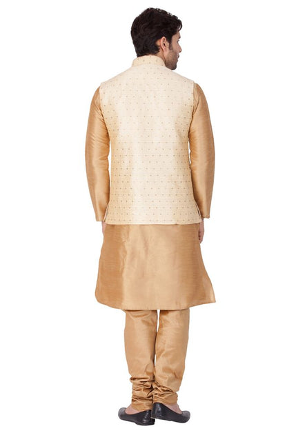 Men's Gold Silk Blend Straight Jacket  Kurta and Pyjama Set