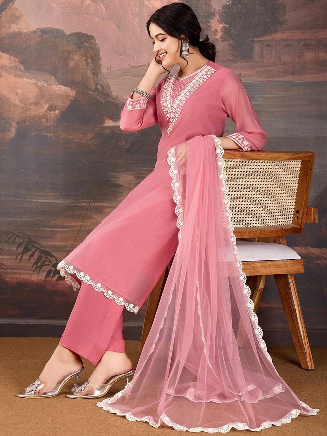 Dhiyona PD Women Floral Embroidered Chanderi Cotton Straight Kurta With Trousers & Dupatta