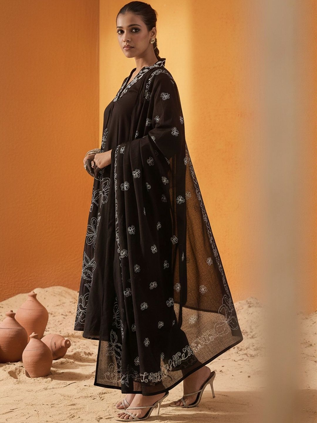 Floral Embroidered A-Line Chikankari Pure Cotton Kurta With Trousers & Dupatta