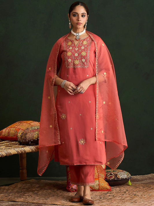 Dhiyona IE Orange Floral Embroidered Notch Neck Straight Kurta with Trousers & Dupatta
