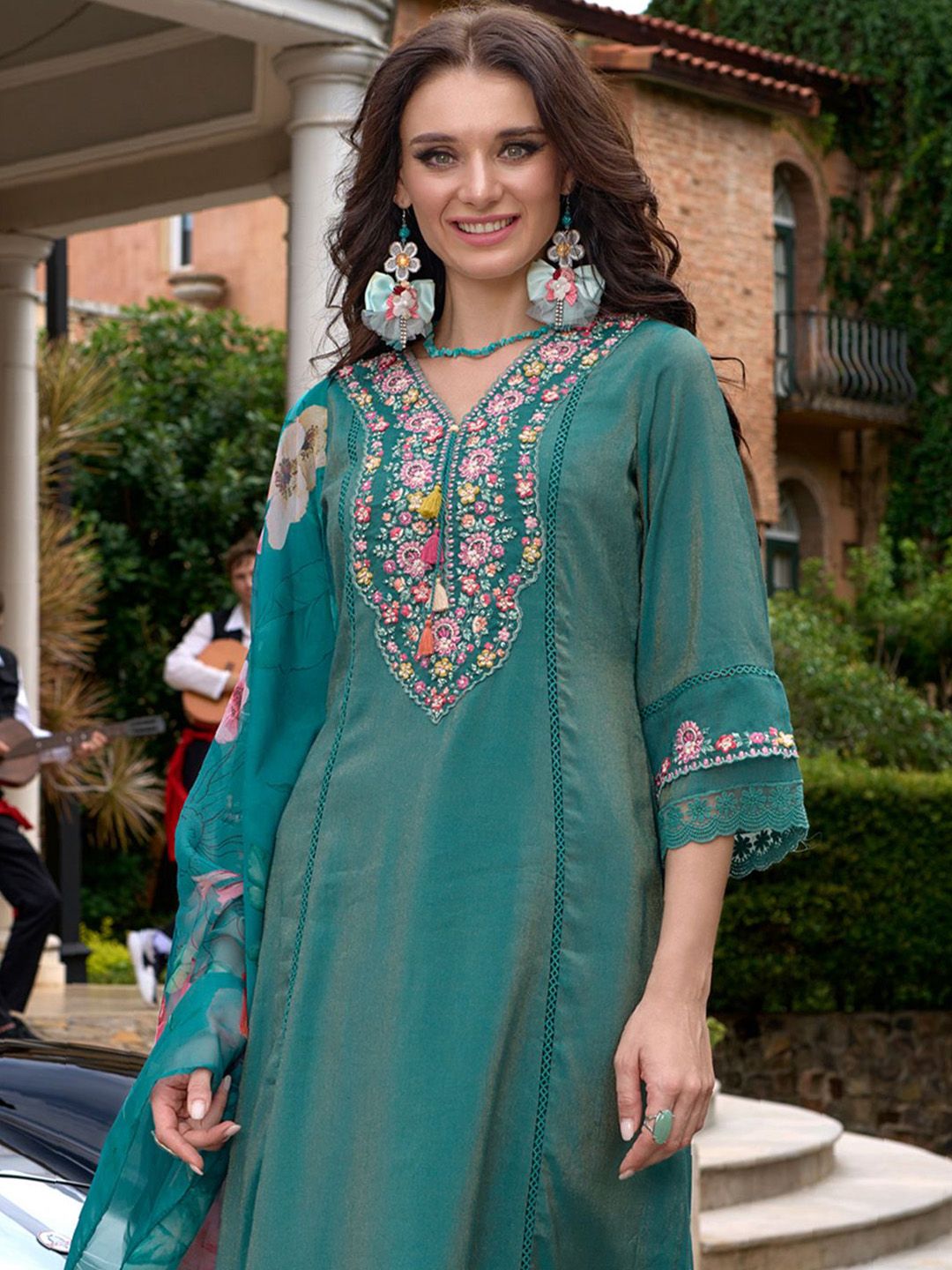 Floral Embroidered Thread Work Kurta With Trousers & Dupatta