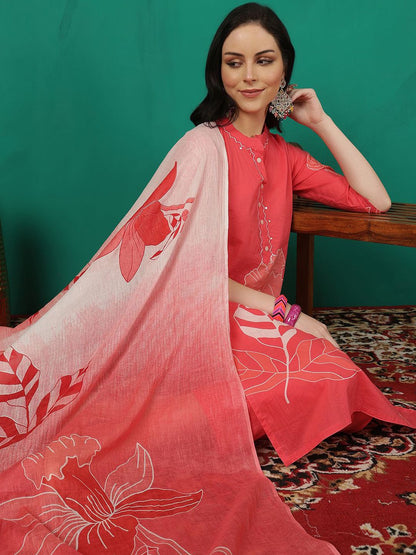 Dhiyona SN Women's Printed Pure Cotton Straight Kurta With Trouser & Dupatta