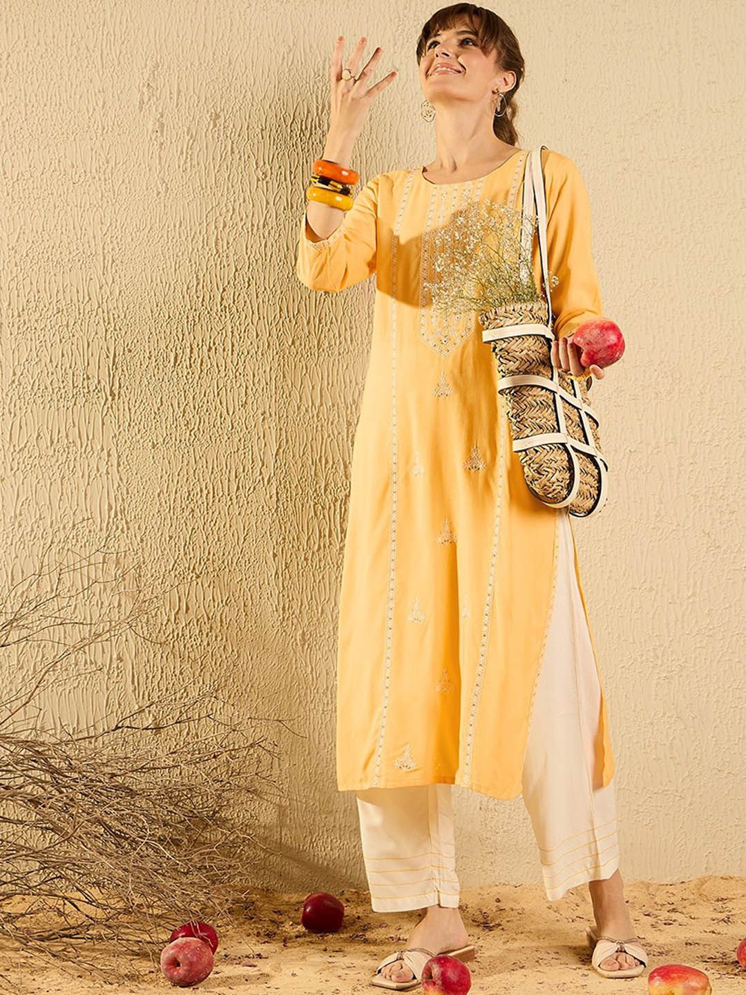 Dhiyona IE Yellow and White Ethnic Motifs Embroidered Thread Work Straight Kurta