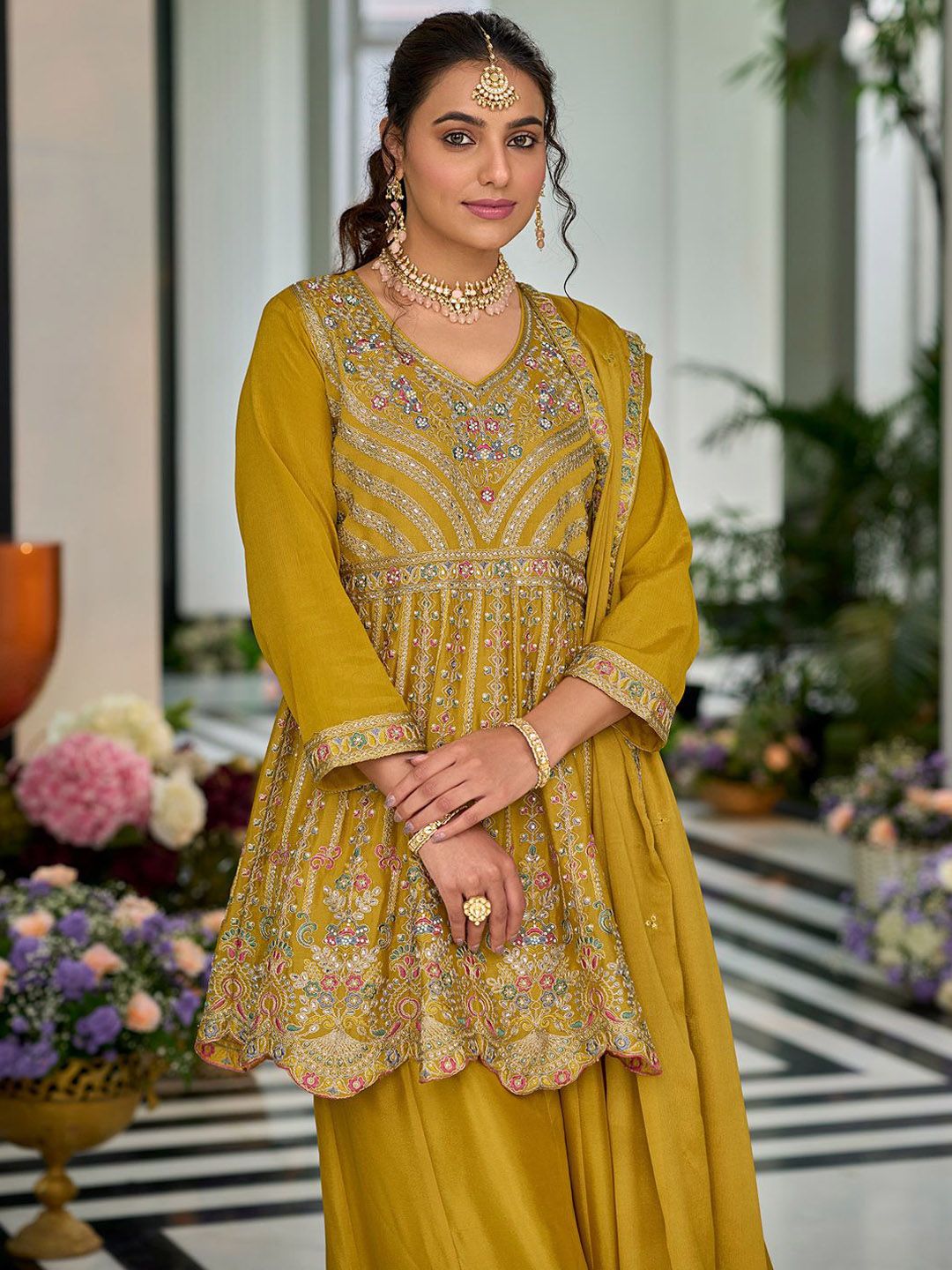 Dhiyona IE Ethnic Motifs Embroidered V-Neck Sequinned Anarkali Kurti with Palazzos & Dupatta