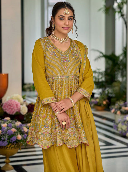 Dhiyona IE Ethnic Motifs Embroidered V-Neck Sequinned Anarkali Kurti with Palazzos & Dupatta