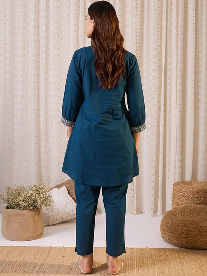 Floral Embroidered Shirt Collar Thread Work Pure Cotton Kurta & Trousers