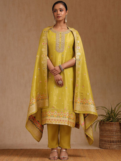 Dhiyona SO Women's Women Floral Embroidered Chanderi Cotton Kurta with Trousers & Dupatta Kurta Sets