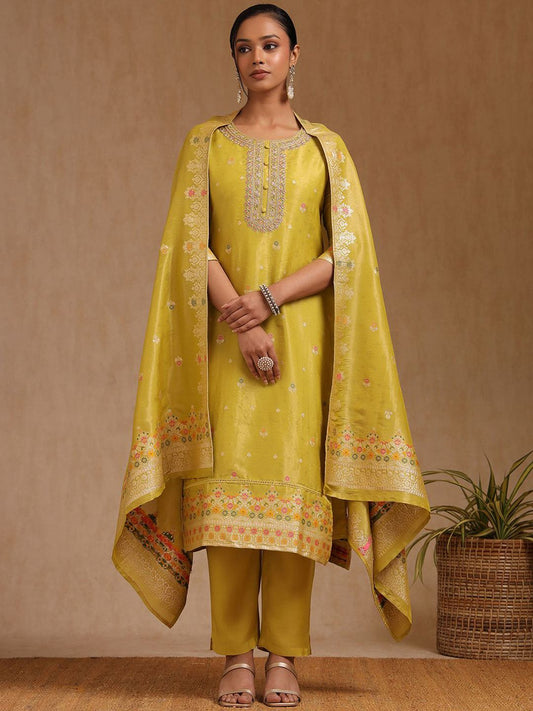 Dhiyona SO Women's Women Floral Embroidered Chanderi Cotton Kurta with Trousers & Dupatta Kurta Sets