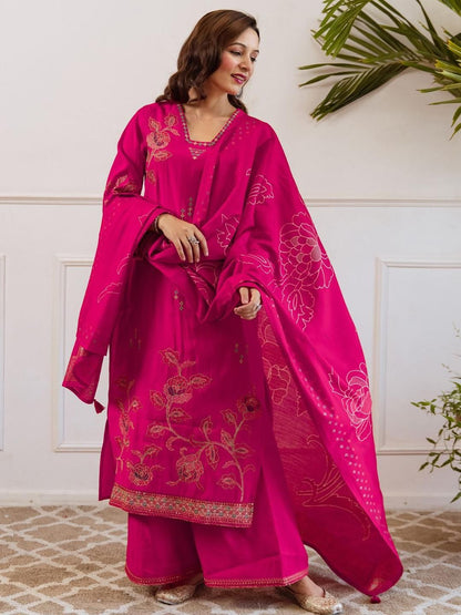 Women Floral Embroidered Thread Work Kurta with Palazzos & Dupatta