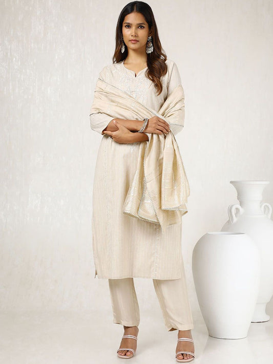 Dhiyona SO Women's Floral Embroidered Pure Cotton Straight Kurta with Trousers & Dupatta