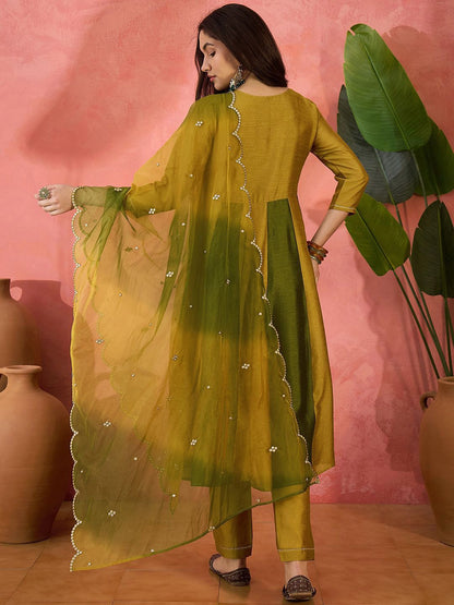 Dhiyona SN Women's Vichitra Thread Mirror Work Embroidery A Line Kurta With Trousers & Dupatta