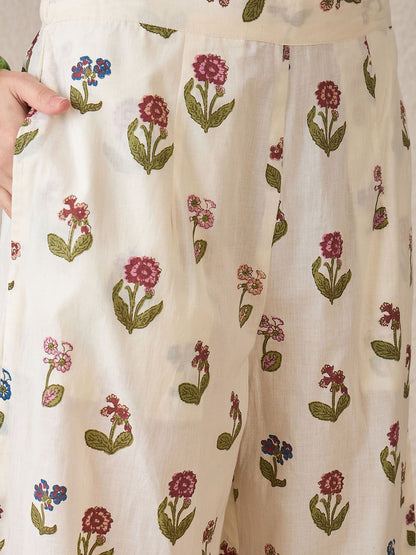 Floral Printed Pure Cotton Shirt Collar A-Line Kurta With Palazzos