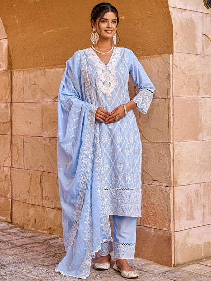 Women Floral Embroidered Pure Cotton Kurta with Trousers & Dupatta