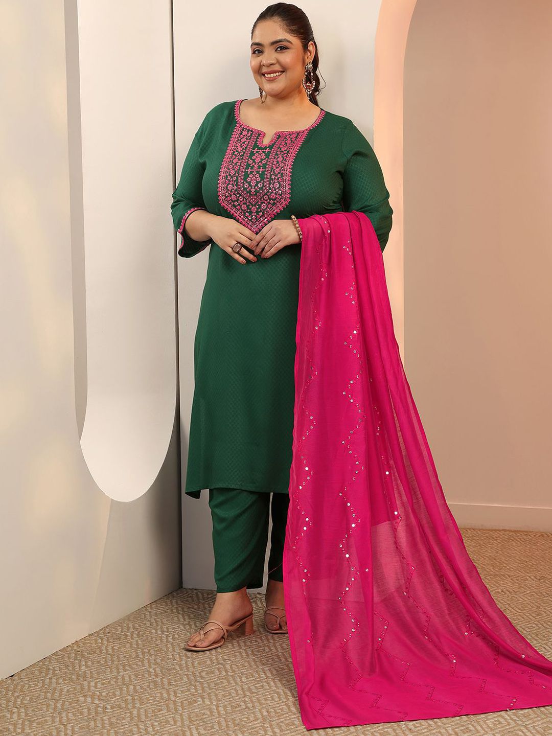 Dhiyona Women's Plus Size Ethnic Motifs Embroidered Kurta with Trousers & Dupatta