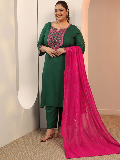 Dhiyona Women's Plus Size Ethnic Motifs Embroidered Kurta with Trousers & Dupatta