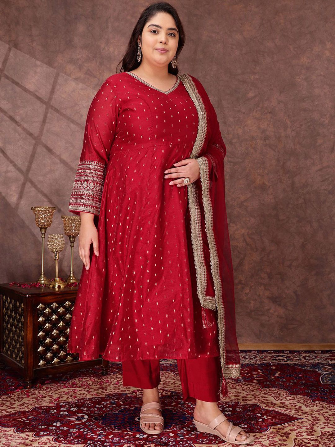 Dhiyona IN Woven Design V Neck A Line Chanderi Silk Kurta With Trousers & Dupatta