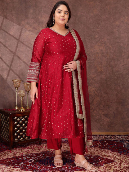 Dhiyona IN Woven Design V Neck A Line Chanderi Silk Kurta With Trousers & Dupatta