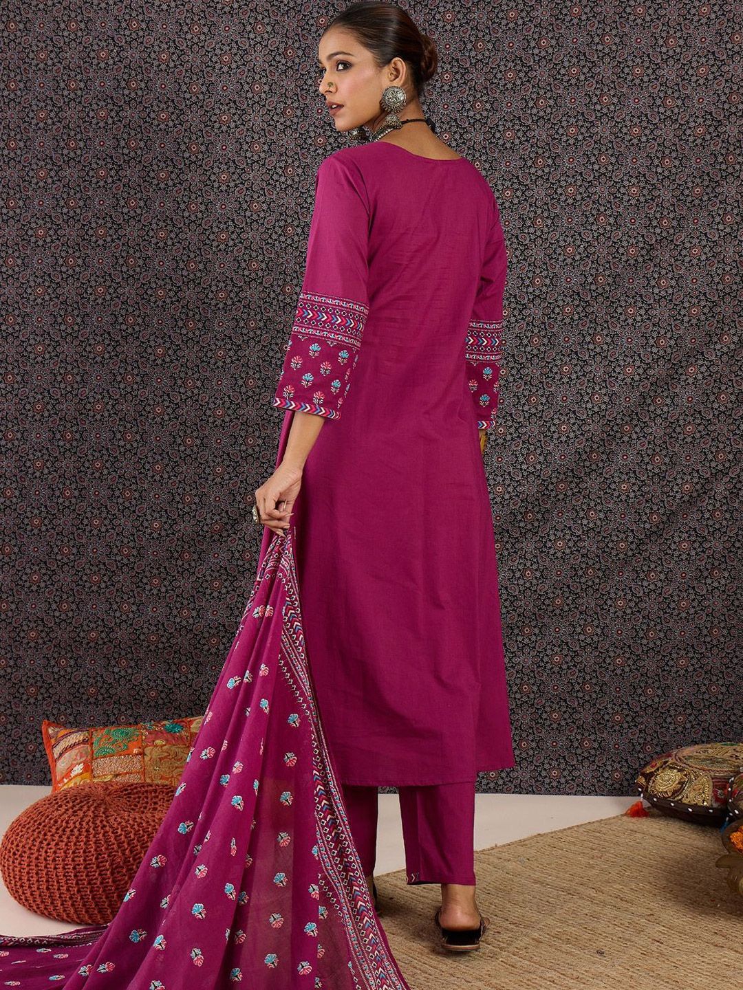 Women Ethnic Motifs Printed Pleated Thread Work Pure Cotton Kurta with Trousers & With Dupatta