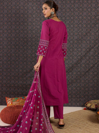 Women Ethnic Motifs Printed Pleated Thread Work Pure Cotton Kurta with Trousers & With Dupatta