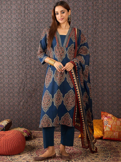 Women Ajrakh Printed Straight Kurta Trousers With Dupatta Set