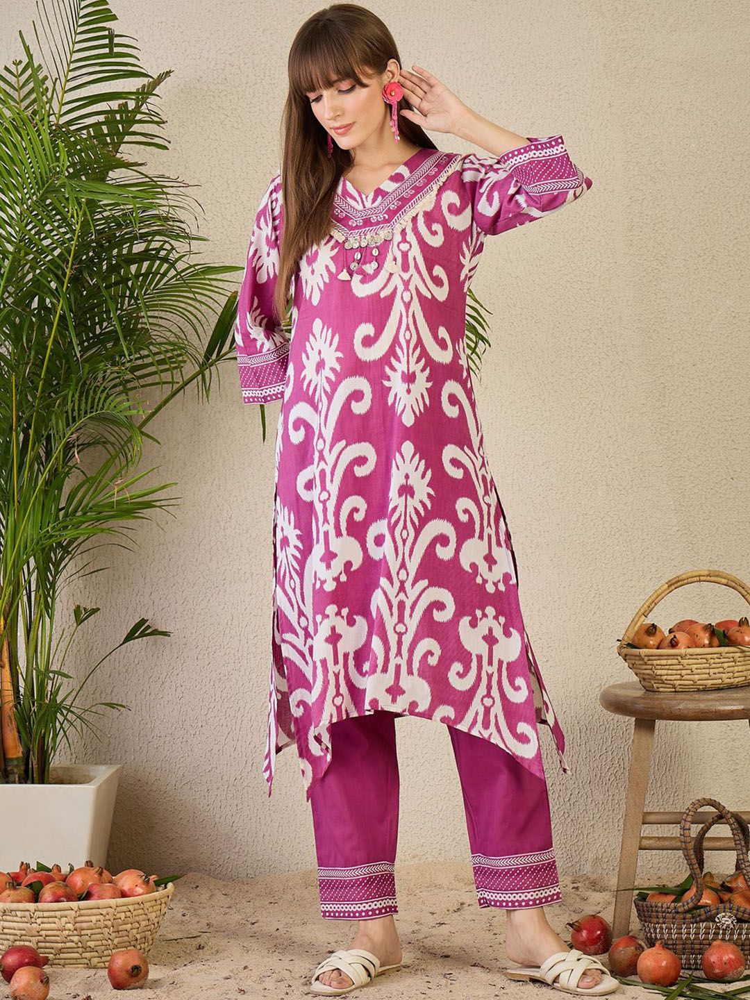 Dhiyona IE Printed V-Neck Pure Cotton Tunic With Trouser