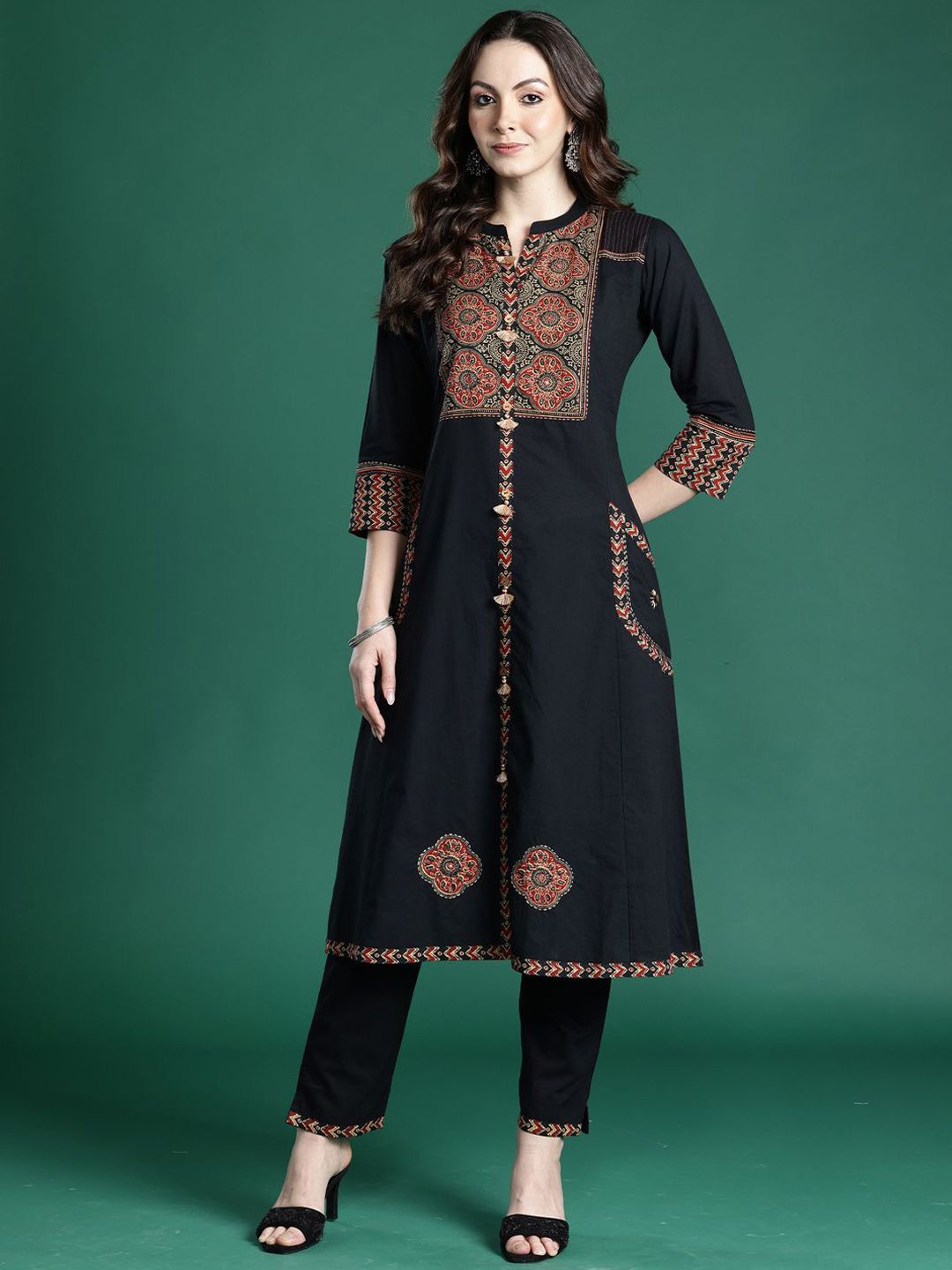 Dhiyona IE Printed Pure Cotton A-Line Tunic & Trousers Co-Ord Set