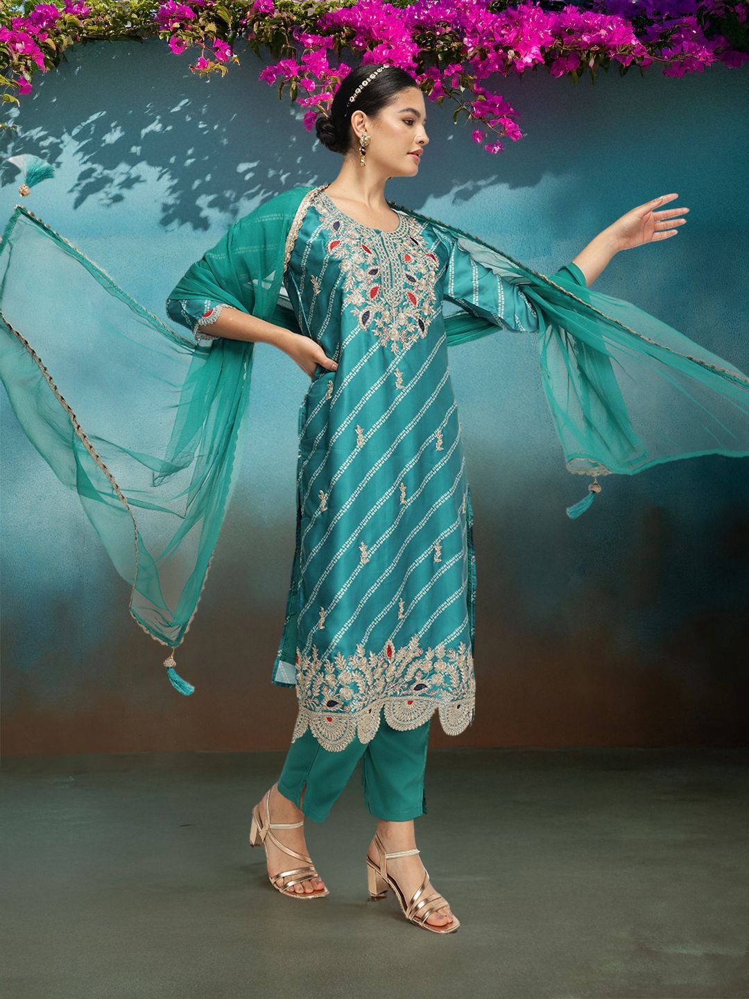 Dhiyona IS Women's Women Leheriya Embroidered Kurta with Trousers & Dupatta