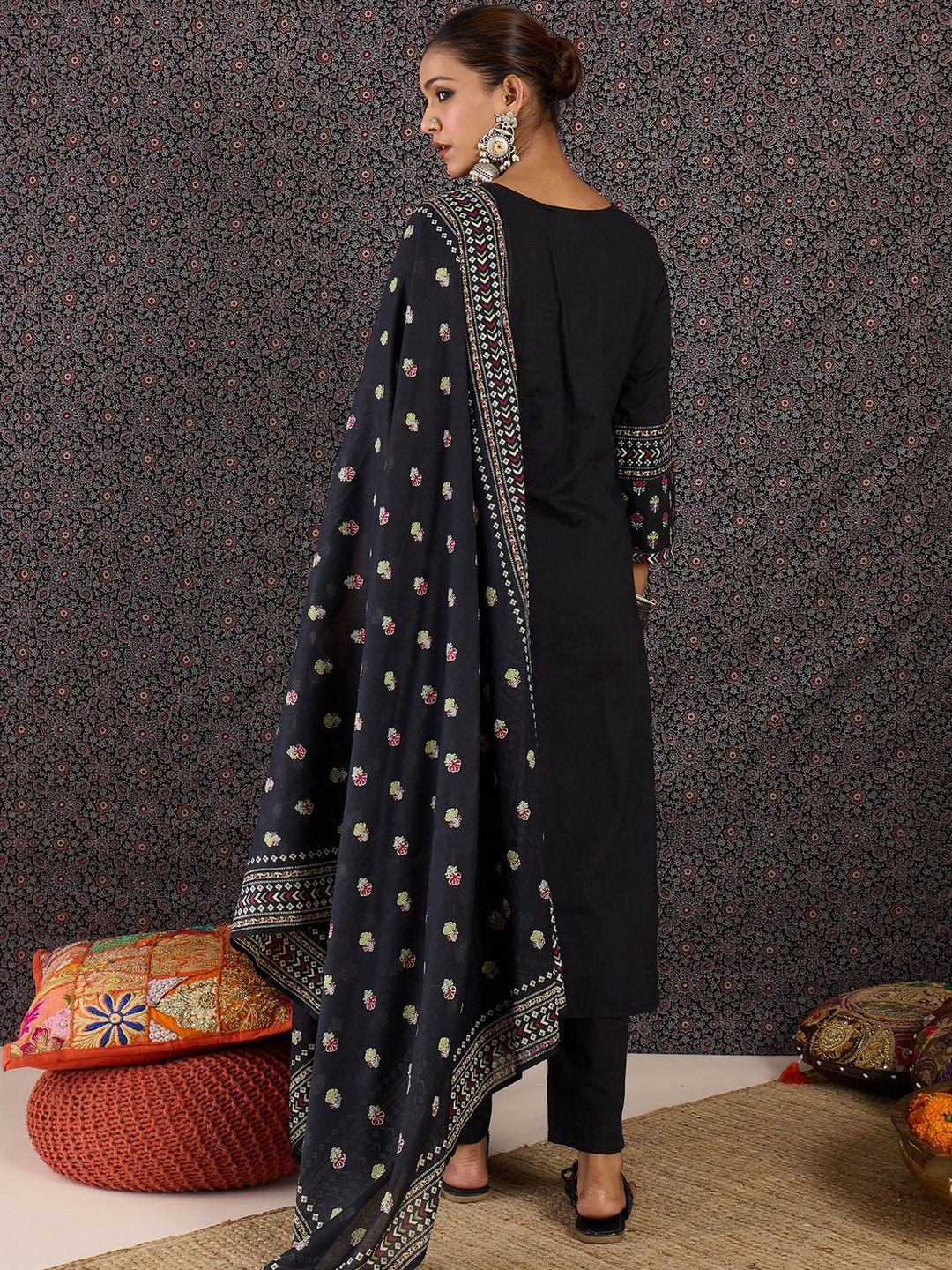 Floral Printed Thread Work Pure Cotton Kurta With Palazzos & Dupatta