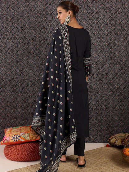 Floral Printed Thread Work Pure Cotton Kurta With Palazzos & Dupatta