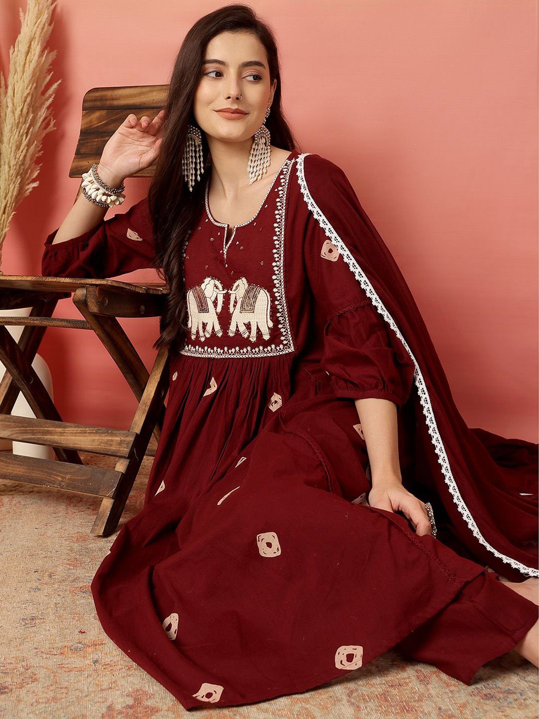 Dhiyona SN Women's Embroidered 100% Cotton Anarkali Kurta & Trouser With Dupatta